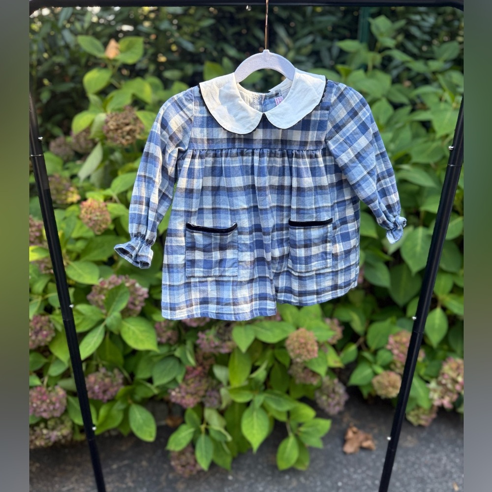 Blue Plaid Long-Sleeve Baby Dress La coqueta-  3t